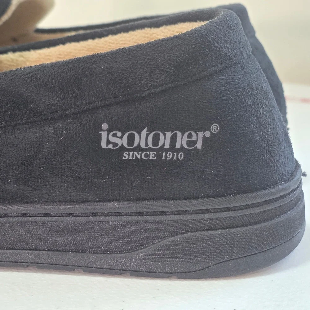Isotoner Mens Microsuede Moccasin Slippers Black Faux Fur Lined 98024 Sz LG 10